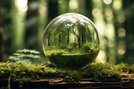 This image depicts a small globe resting on a bed of green moss, surrounded by trees and foliage. The image represents the idea of preserving the environment and the importance of maintaining a healthy planet for future generations.の素材
