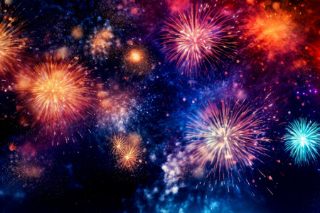 A beautiful and colorful fireworks display on a dark blue night sky. Perfect for celebrations, events, and holiday concepts. There is also plenty of space for text or copy.の素材