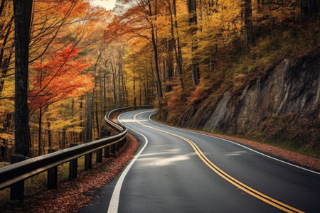 Scenic view of a winding road surrounded by vibrant autumn trees in the Appalachian Mountains. The road disappears in the distance, inviting viewers to explore the wilderness. This image captures the beauty of fall foliage and the peacefulness of a rural road trip.の素材