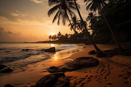 Beautiful tropical beach with palm trees and crystal clear water at sunset in Sri Lanka.の素材