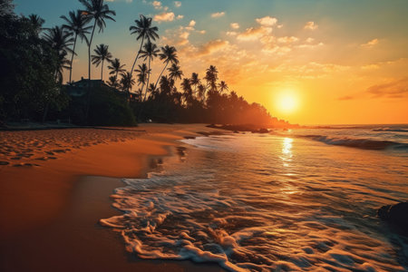 Beautiful tropical beach with palm trees and crystal clear water at sunset in Sri Lanka.の素材