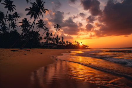 Beautiful tropical beach with palm trees and crystal clear water at sunset in Sri Lanka.の素材
