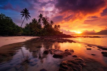 This image showcases the stunning beauty of a tropical island beach at sunrise, with the vibrant colors of the sky and sea complementing the sandy beach and lush palm trees. Perfect for travel and vacation-related designs.の素材