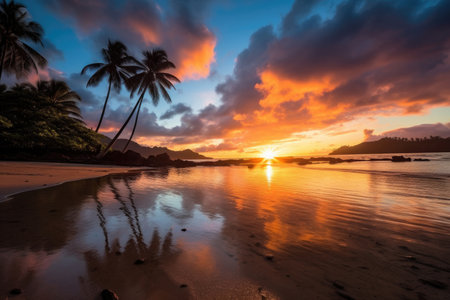 This image showcases the stunning beauty of a tropical island beach at sunrise, with the vibrant colors of the sky and sea complementing the sandy beach and lush palm trees. Perfect for travel and vacation-related designs.の素材