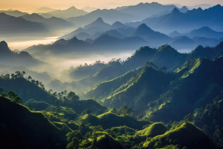 Serene mountain layer in the morning sunlight with a foggy valley in the foreground at Chiangdao mountain, Chiangmai Thailand. The picturesque scenery is perfect for any nature lover or travel enthusiast.の素材