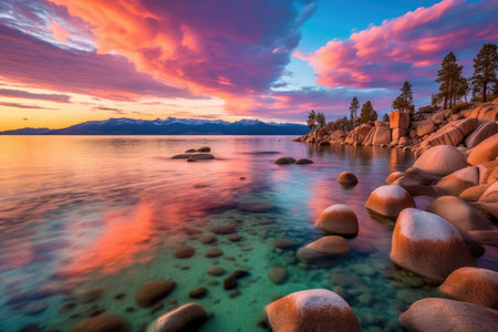 A breathtaking view of Sand Harbor Beach at sunset, with the stunning Lake Tahoe and surrounding mountains in the background. The serene waters, the orange and pink hues of the sky, and the silhouettes of the trees and rocks make this a perfect image for travel and vacation themes.の素材