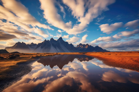 Panoramic view of the stunning Vestrahorn mountain range and Stokksnes beach in Hofn, Iceland. The image features an unidentified photographer capturing the breathtaking scenery at sunset. Perfect for travel, adventure and landscape photography projects.の素材
