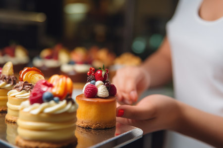 Close-up shot of a young Caucasian pastry chef and confectioner's hand decorating a cake on a kitchen table. The image showcases cakes, cupcakes, and sweet desserts. Perfect for food and bakery concepts.の素材