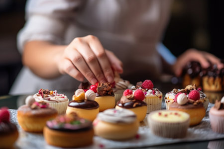 Close-up shot of a young Caucasian pastry chef and confectioner's hand decorating a cake on a kitchen table. The image showcases cakes, cupcakes, and sweet desserts. Perfect for food and bakery concepts.の素材