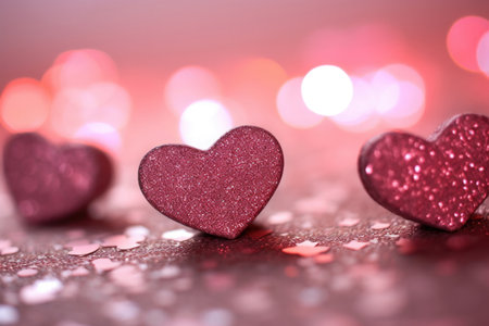 A beautiful and romantic Valentine's Day concept image featuring red heart shapes on an abstract light pink glitter background. Perfect for expressing love and affection, this image will add a special touch to your designs. Use it for greeting cards, social media posts, advertisements, and more.の素材