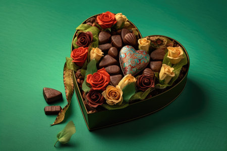 A heart-shaped box filled with delicious chocolate candies and adorned with beautiful roses, perfect for Valentine's Day or any romantic occasion. The background features a soft, blurred effect to add a dreamy and romantic touch. This image is ideal for any love or Valentine's Day concept.の素材