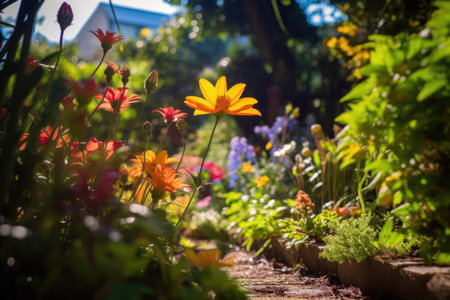 A beautiful array of flowers in bloom, including roses, daisies, and tulips, in a well-manicured garden.の素材