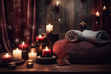 A serene spa room featuring flickering candles and neatly stacked towels. The warm and inviting space is decorated with shades of light maroon and dark black, creating a cozy atmosphere for relaxation and pampering.の素材