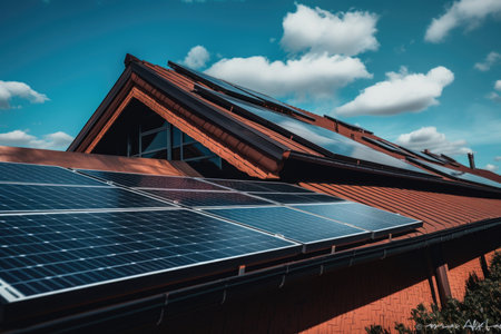 A house with solar panels installed on the roof, providing clean and renewable energy.の素材