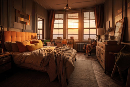 This image features an elegant and luxurious bedroom in the Art Deco style with a shabby chic twist. The room is decorated with soft pastel colors, ornate furnishings, and beautiful floral arrangements. The image captures the essence of high-end living and sophisticationの素材