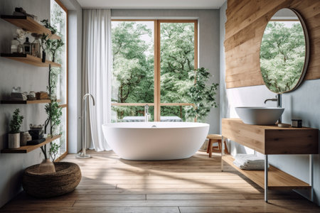 This image features a modern and minimalist single room, showcasing a Scandinavian design aesthetic. The focus is on the bathroom area, which features a wooden frame and sleek fixtures. The overall ambiance is clean, simple, and stylish. Perfect for interior design or home renovation projects.の素材