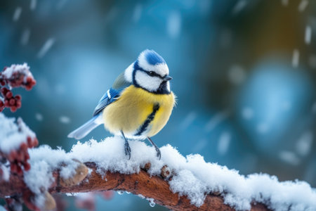 A beautiful winter scene with a cute Blue Tit bird perched on a lichen-covered branch, surrounded by snowflakes in a snowy forest. The first snowfall of the season brings a magical touch to this image. Perfect for winter-themed designs and nature loversの素材