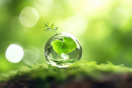 A close-up photo of a green leaf with a water droplet hanging from it, set against a blurred green bokeh background. This image is perfect for Earth Day or nature-related projectsの素材