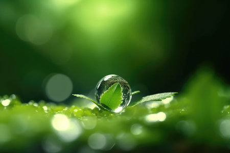 A close-up photo of a green leaf with a water droplet hanging from it, set against a blurred green bokeh background. This image is perfect for Earth Day or nature-related projectsの素材