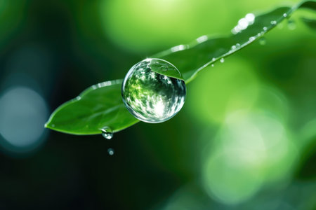 A close-up photo of a green leaf with a water droplet hanging from it, set against a blurred green bokeh background. This image is perfect for Earth Day or nature-related projectsの素材