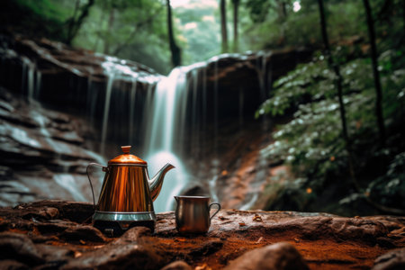 Enjoying a cup of coffee while camping in the great outdoors is one of life's simple pleasures. This image captures the beauty of a coffee drip brewing over an open flame in a peaceful nature park by the riverの素材