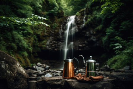 Enjoying a cup of coffee while camping in the great outdoors is one of life's simple pleasures. This image captures the beauty of a coffee drip brewing over an open flame in a peaceful nature park by the riverの素材