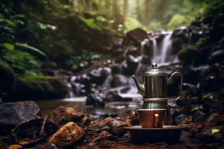 Enjoying a cup of coffee while camping in the great outdoors is one of life's simple pleasures. This image captures the beauty of a coffee drip brewing over an open flame in a peaceful nature park by the riverの素材
