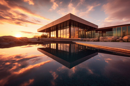 Ultra-wide angle photorealistic illustration of a luxurious modern villa with an infinity pool, reflecting the beautiful colors of the sunset. The villa features contemporary residential architecture and is surrounded by lush greenery. Perfect for travel and real estate promotionsの素材