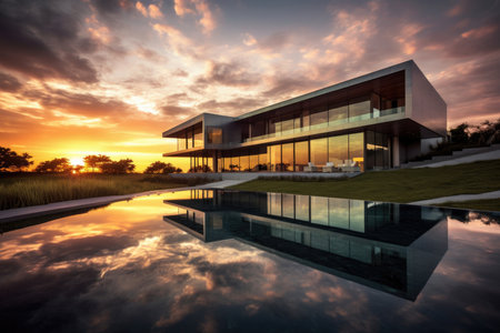 Ultra-wide angle photorealistic illustration of a luxurious modern villa with an infinity pool, reflecting the beautiful colors of the sunset. The villa features contemporary residential architecture and is surrounded by lush greenery. Perfect for travel and real estate promotionsの素材