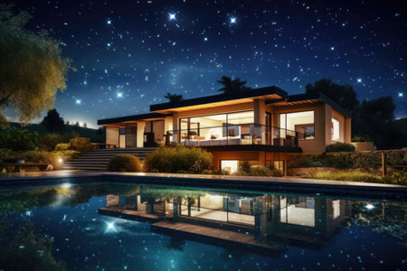 This beautiful and luxurious modern house is available for sale or rent. It features a stunning pool, ample parking, and beautiful landscaping. The house is designed for maximum comfort and is perfect for those who love to relax and entertain. The clear summer night sky adds to the magical atmosphere, making it a dream home for anyoneの素材