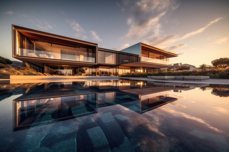 Ultra-wide angle photorealistic illustration of a luxurious modern villa with an infinity pool, reflecting the beautiful colors of the sunset. The villa features contemporary residential architecture and is surrounded by lush greenery. Perfect for travel and real estate promotionsの素材