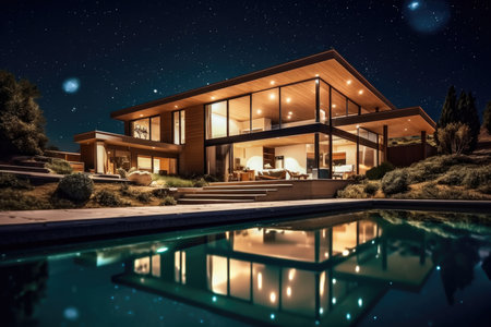 This beautiful and luxurious modern house is available for sale or rent. It features a stunning pool, ample parking, and beautiful landscaping. The house is designed for maximum comfort and is perfect for those who love to relax and entertain. The clear summer night sky adds to the magical atmosphere, making it a dream home for anyoneの素材