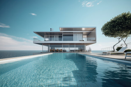 This stunning modern house features a beautiful swimming pool with a panoramic view of the sea in the background. The sleek and contemporary design of the house is complemented by the natural beauty of the surrounding landscape. Ideal for luxury living or vacationingの素材