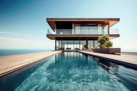 This stunning modern house features a beautiful swimming pool with a panoramic view of the sea in the background. The sleek and contemporary design of the house is complemented by the natural beauty of the surrounding landscape. Ideal for luxury living or vacationingの素材