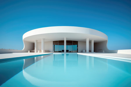 This stunning image features a modern house with a beautiful swimming pool overlooking the sea. The minimalist architecture and clean lines of the building create a sleek and contemporary feel. The blue sea in the background adds a serene and peaceful ambiance to the scene. Perfect for promoting real estate or vacation rentalsの素材