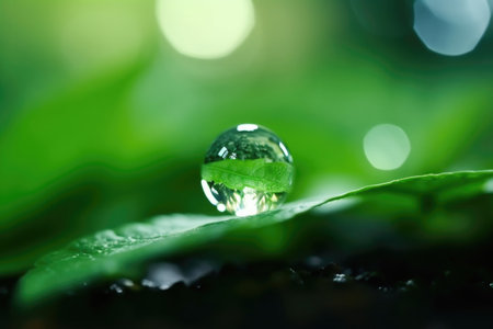 Close-up of a water droplet on a green leaf with a blurred green bokeh background. This image represents the importance of nature and the environment for Earth Day concept.の素材
