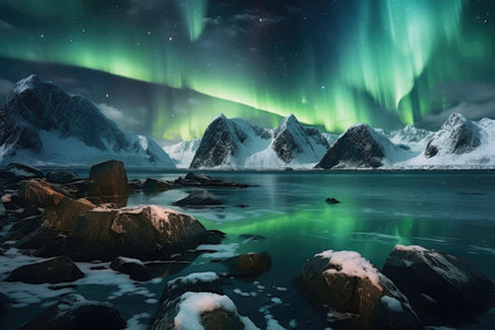Spectacular nature background featuring an incredible Aurora Borealis over a rocky seascape in the Arctic. This stunning 3D artwork showcases the beauty of the polar lights above snowy mountains and the sea. Perfect for use as a stunning background for a variety of design projects.の素材