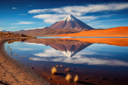 This breathtaking photo captures the idyllic Lake Lejia with its reflection and stunning volcanic landscape in the Atacama desert of Northern Chile, South America. The crystal clear water of the lake reflects the majestic mountains and the blue sky, creating a serene and tranquil atmosphere. This image is perfect for nature lovers, travel enthusiasts, and those who appreciate the beauty of our planet.の素材