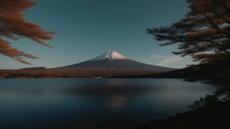 Scenic view of Mount Fuji and a small deck on the shores of Lake Kawaguchi in Japan.の素材