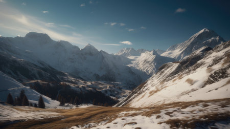 A stunning landscape of the Swiss Alps mountain range, with snow-capped peaks and green valleys. The image captures the beauty of the Swiss countryside and its natural scenery. The clear blue sky and sunlight illuminating the landscape provide a sense of tranquility and peace. Ideal for use as a background image or for travel and tourism purposesの素材