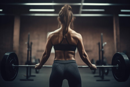 Back view of a young and fit woman with a slim body doing barbell exercises in the gym. The image has a gym background.の素材