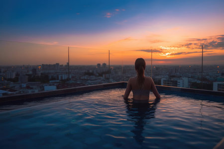 A beautiful young woman is relaxing in a rooftop swimming pool during a stunning sunset, enjoying the breathtaking city view. The water in the pool is crystal clear, and the sky is painted with beautiful shades of pink, orange, and purple.の素材