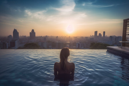 A beautiful young woman is relaxing in a rooftop swimming pool during a stunning sunset, enjoying the breathtaking city view. The water in the pool is crystal clear, and the sky is painted with beautiful shades of pink, orange, and purple.の素材