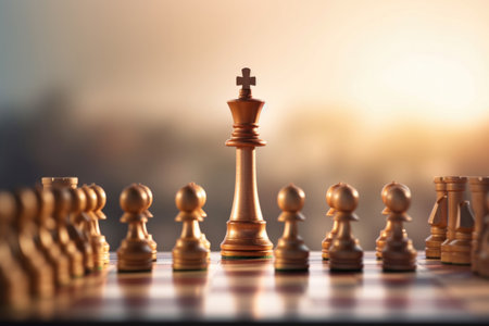 Close-up of a chess king on a chess board. The image represents leadership, success, and business strategy. Great for business-related designs and conceptsの素材