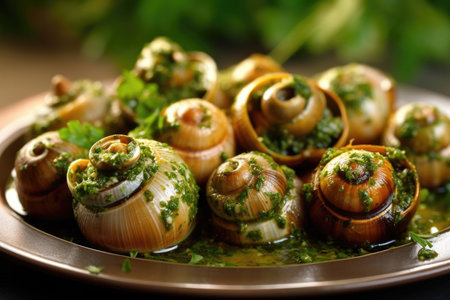 A mouthwatering image of cooked sea escargot snails served on a metal plate with forks. The snails are seasoned with herbs, butter, and garlic, making them a delectable delicacy.の素材