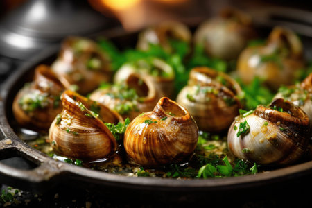 A mouthwatering image of cooked sea escargot snails served on a metal plate with forks. The snails are seasoned with herbs, butter, and garlic, making them a delectable delicacy.の素材