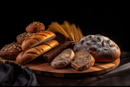 A selection of different types of rye and wheat bread arranged on a dark background. These bakery products are freshly baked and feature various textures and shapes. Perfect for adding to your food or cooking related designs.の素材