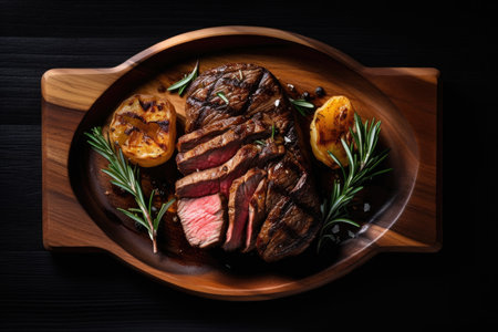 A delicious BBQ-grilled top sirloin beef steak, served on a wooden plate and cooked to a medium-rare perfection. The juicy and tender steak is seasoned with herbs and spices, and is presented on a black background. Perfect for a summer cookout or a hearty dinner meal. Top view.の素材