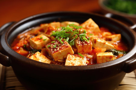Soft tofu, a staple in Korean cuisine, served in a traditional clay pot with various toppings such as mushrooms, scallions, and soy sauce. This healthy meal is perfect for vegetarians and vegans alike. Korean comfort food at its finest!の素材