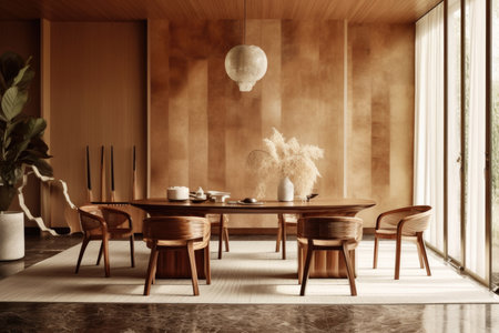 This stunning image features an editorial photoshoot with a detail-focused and symmetrical composition, an eye-level camera angle, and a large open foyer room. The Luis Barragan-style dining table serves as the focal point, with ultra-detailed elements and a neutral color palette that add warmth and depth to the overall composition. The wood and fabric textures add a tactile and inviting quality to the image.の素材